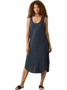 Prana Corrine Dress Blue Relaxed Fit Hemp Blend Midi Summer Boho